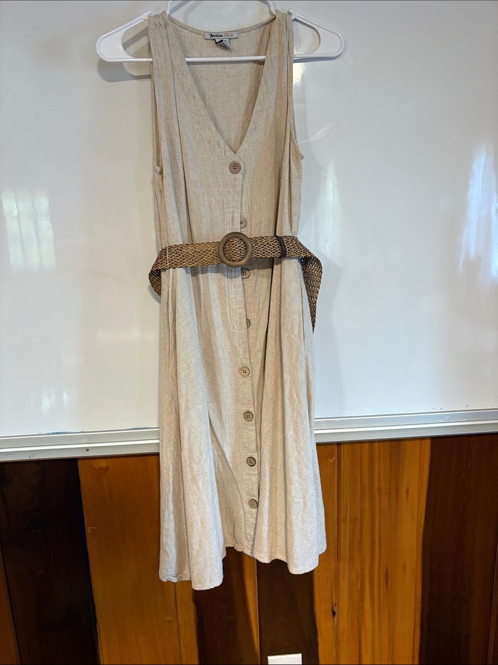 Vintage Sleeveless Button-Front Linen Dress in Natural Beige with Woven Belt